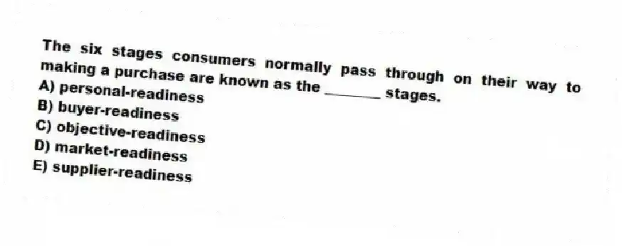 The six stages consumers normally pass through on their way to making a purchase are known as the ________ stages.
A) personal-readiness
B) buyer-readiness
C) objective-readiness
D) market-readiness
E) supplier-readiness