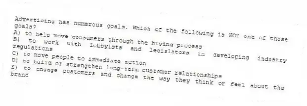 Advertising has numerous goals. Which of the following is NOT one of those goals?
A) to help move consumers through the buying process
B) to work with lobbyists and legislators in developing industry regulations
C) to move people to immediate action
D) to build or strengthen long-term customer relationships
E) to engage customers and change the way they think or feel about the brand
