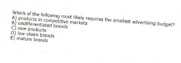 Which of the following most likely requires the smallest advertising budget?
A) products in competitive markets
B) undifferentiated brands
C) new products
D) low-share brands
E) mature brands