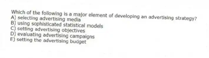 Which of the following is a major element of developing an advertising strategy?
A) selecting advertising media
B) using sophisticated statistical models
C) setting advertising objectives
D) evaluating advertising campaigns
E) setting the advertising budget