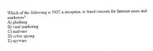 Which of the following is NOT a deception or fraud concern for Internet users and marketers?
A) phishing
B) viral marketing
C) malware
D) cyber spying
E) spyware