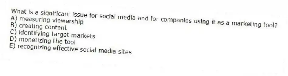 What is a significant issue for social media and for companies using it as a marketing tool?
A) measuring viewership
B) creating content
C) identifying target markets
D) monetizing the tool
E) recognizing effective social media sites