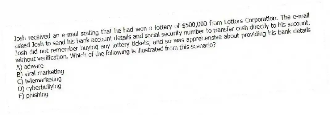 Josh received an e-mail stating that he had won a lottery of $500,000 from Lottors Corporation. The e-mail asked Josh to send his bank account details and social security number to transfer cash directly to his account. Josh did not remember buying any lottery tickets, and so was apprehensive about providing his bank details without verification. Which of the following is illustrated from this scenario?
A) adware
B) viral marketing
C) telemarketing
D) cyberbullying
E) phishing