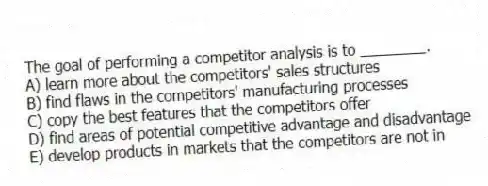 The goal of performing a competitor analysis is to ________.
A) learn more about the competitors' sales structures
B) find flaws in the competitors' manufacturing processes
C) copy the best features that the competitors offer
D) find areas of potential competitive advantage and disadvantage
E) develop products in markets that the competitors are not in
