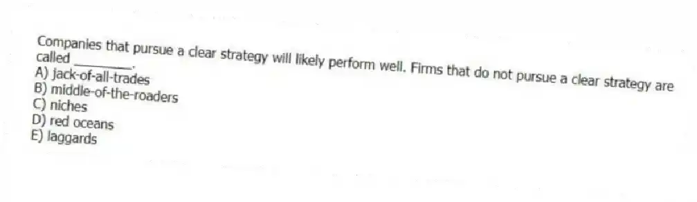 Companies that pursue a clear strategy will likely perform well. Firms that do not pursue a clear strategy are called ________.
A) jack-of-all-trades
B) middle-of-the-roaders
C) niches
D) red oceans
E) laggards