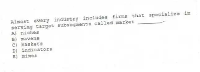 Almost every industry includes firms that specialize in serving target subsegments called market ________.
A) niches
B) mavens
C) baskets
D) indicators
E) mixes
