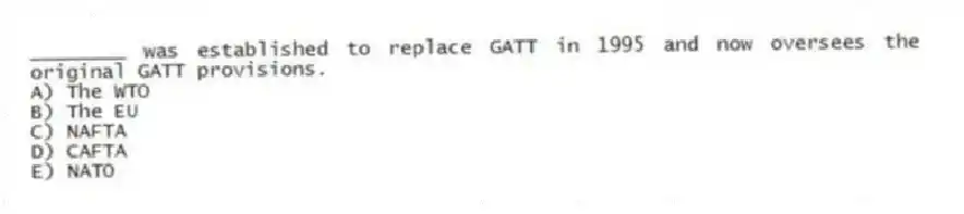 ________ was established to replace GATT in 1995 and now oversees the original GATT provisions.
A) The WTO
B) The EU
C) NAFTA
D) CAFTA
E) NATO