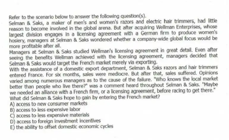 Refer to the scenario below to answer the following question(s).
Selman & Saks, a maker of men's and women's razors and electric hair trimmers, had little reason to become involved in the global arena. But after acquiring Wellman Enterprises, whose largest division engages in a licensing agreement with a German firm to produce women's hosiery, managers at Selman & Saks wondered whether a company-wide global focus would be more profitable after all.
Managers at Selman & Saks studied Wellman's licensing agreement in great detail. Even after seeing the benefits Wellman achieved with the licensing agreement, managers decided that Selman & Saks would target the French market merely via exporting.
With the assistance of a domestic export department, Selman & Saks razors and hair trimmers entered France. For six months, sales were mediocre. But after that, sales suffered. Opinions varied among numerous managers as to the cause of the failure. "Who knows the local market better than people who live there?" was a comment heard throughout Selman & Saks. "Maybe we needed an alliance with a French firm, or a licensing agreement, before racing to get there."
-What did Selman & Saks hope to gain by entering the French market?
A) access to new consumer markets
B) access to less expensive labor
C) access to less expensive materials
D) access to foreign investment incentives
E) the ability to offset domestic economic cycles