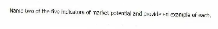 Name two of the five indicators of market potential and provide an example of each.