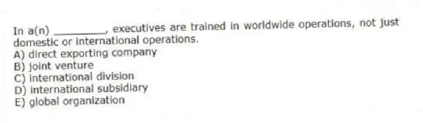 In a(n) ________, executives are trained in worldwide operations, not just domestic or international operations.
A) direct exporting company
B) joint venture
C) international division
D) international subsidiary
E) global organization