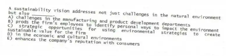 A sustainability vision addresses not just challenges in the natural environment but also ________.
A) challenges in the manufacturing and product development departments
B) prods the firm's employees to identify personal ways to impact the environment
C) strategic opportunities for using environmental strategies to create sustainable value for the firm
D) in the economic and cultural environments
E) enhances the company's reputation with consumers