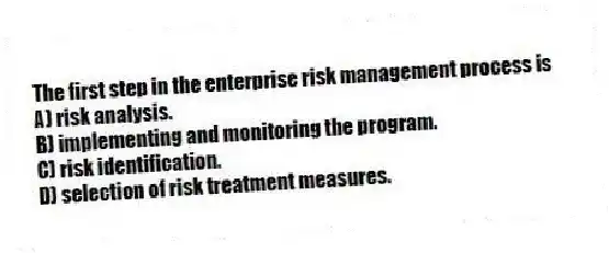 The first step in the enterprise risk management process is
A) risk analysis.
B) implementing and monitoring the program.
C) risk identification.
D) selection of risk treatment measures.