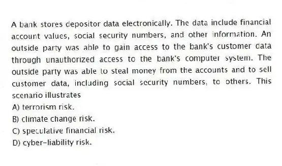 A bank stores depositor data electronically. The data include financial account values, social security numbers, and other information. An outside party was able to gain access to the bank's customer data through unauthorized access to the bank's computer system. The outside party was able to steal money from the accounts and to sell customer data, including social security numbers, to others. This scenario illustrates
A) terrorism risk.
B) climate change risk.
C) speculative financial risk.
D) cyber-liability risk.