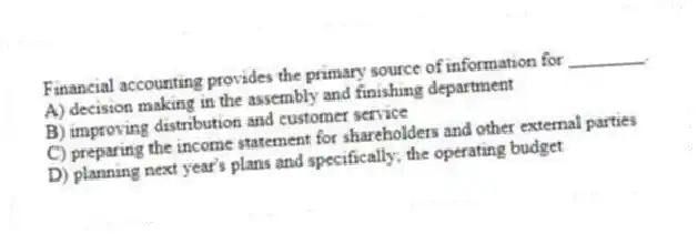 Financial accounting provides the primary source of information for ________.
A) decision making in the assembly and finishing department
B) improving distribution and customer service
C) preparing the income statement for shareholders and other external parties
D) planning next year's plans and specifically; the operating budget