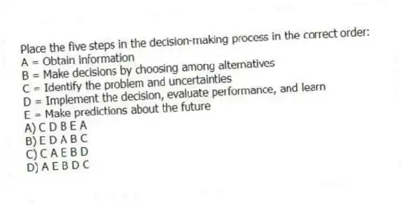Place the five steps in the decision-making process in the correct order:
A = Obtain information
B = Make decisions by choosing among alternatives
C = Identify the problem and uncertainties
D = Implement the decision, evaluate performance, and learn
E = Make predictions about the future
A) C D B E A
B) E D A B C
C) C A E B D
D) A E B D C