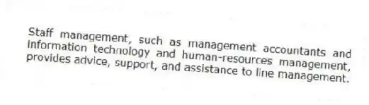 Staff management, such as management accountants and information technology and human-resources management, provides advice, support, and assistance to line management.