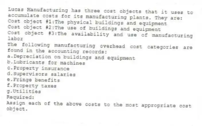 Lucas Manufacturing has three cost objects that it uses to accumulate costs for its manufacturing plants. They are:
Cost object #1:The physical buildings and equipment
Cost object #2:The use of buildings and equipment
Cost object #3:The availability and use of manufacturing labor
The following manufacturing overhead cost categories are found in the accounting records:
a.Depreciation on buildings and equipment
b.Lubricants for machines
c.Property insurance
d.Supervisors salaries
e.Fringe benefits
f.Property taxes
g.Utilities
Required:
Assign each of the above costs to the most appropriate cost object.
