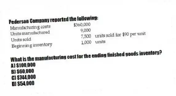 Pederson Company reported the following:
What is the manufacturing cost for the ending finished goods inventory?
A) $100,000
B) $60,000
C) $744,000
D) $54,000