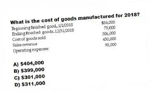 What is the cost of goods manufactured for 2018?
A) $404,000
B) $399,000
C) $301,000
D) $311,000