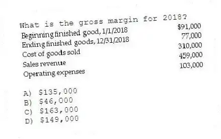 What is the gross margin for 2018?
A) $135,000
B) $46,000
C) $163,000
D) $149,000