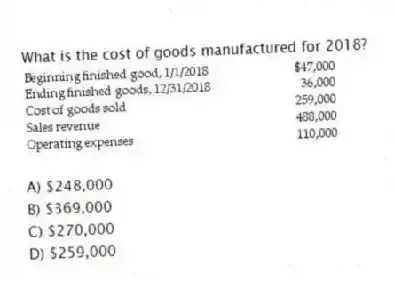 What is the cost of goods manufactured for 2018?
A) $248,000
B) $369,000
C) $270,000
D) $259,000