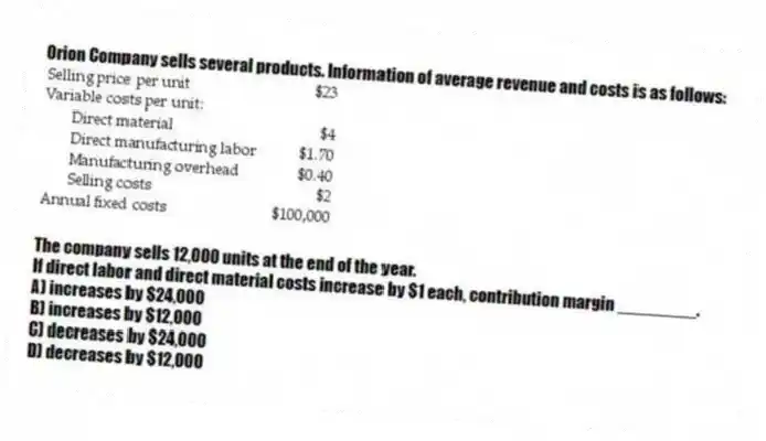 Orion Company sells several products. Information of average revenue and costs is as follows:
The company sells 12,000 units at the end of the year.
If direct labor and direct material costs increase by $1 each, contribution margin ________.
A) increases by $24,000
B) increases by $12,000
C) decreases by $24,000
D) decreases by $12,000