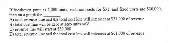 If breakeven point is 1,000 units, each unit sells for $31, and fixed costs are $30,000, then on a graph the ________.
A) total revenue line and the total cost line will intersect at $31,000 of revenue
B) total cost line will be zero at zero units sold
C) revenue line will start at $30,000
D) total revenue line and the total cost line will intersect at $61,000 of revenue