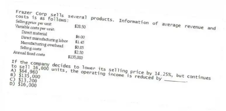 Frazer Corp sells several products. Information of average revenue and costs is as follows:
If the company decides to lower its selling price by 14.25%, but continues to sell 16,000 units, the operating income is reduced by ________.
A) $64,960
B) $135,000
C) $13,200
D) $16,000
