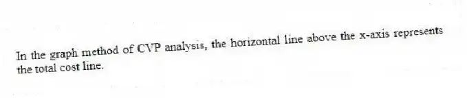 In the graph method of CVP analysis, the horizontal line above the x-axis represents the total cost line.