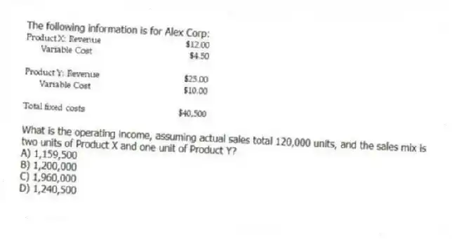The following information is for Alex Corp:
What is the operating income, assuming actual sales total 120,000 units, and the sales mix is two units of Product X and one unit of Product Y?
A) 1,159,500
B) 1,200,000
C) 1,960,000
D) 1,240,500