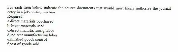 For each item below indicate the source documents that would most likely authorize the journal entry in a job-costing system.
Required:
a.direct materials purchased
b.direct materials used
c.direct manufacturing labor
d.indirect manufacturing labor
e.finished goods control
f.cost of goods sold