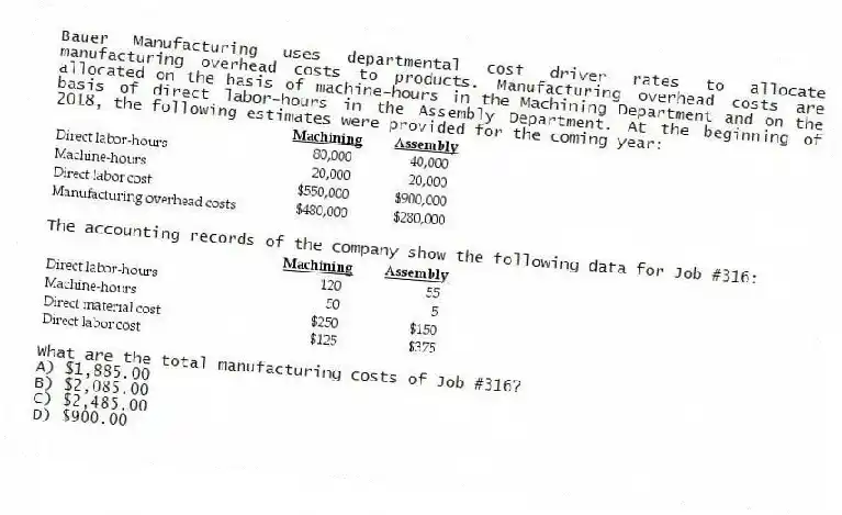 Bauer Manufacturing uses departmental cost driver rates to allocate manufacturing overhead costs to products. Manufacturing overhead costs are allocated on the basis of machine-hours in the Machining Department and on the basis of direct labor-hours in the Assembly Department. At the beginning of 2018, the following estimates were provided for the coming year:
The accounting records of the company show the following data for Job #316:
What are the total manufacturing costs of Job #316?
A) $1,885.00
B) $2,085.00
C) $2,485.00
D) $900.00