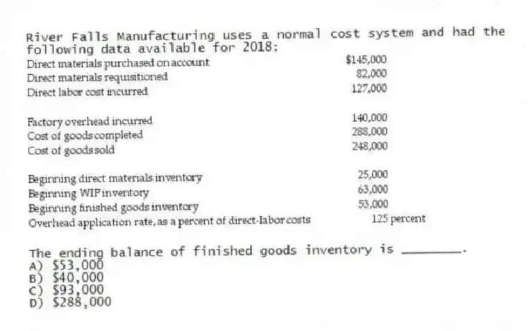 River Falls Manufacturing uses a normal cost system and had the following data available for 2018:
The ending balance of finished goods inventory is ________.
A) $53,000
B) $40,000
C) $93,000
D) $288,000