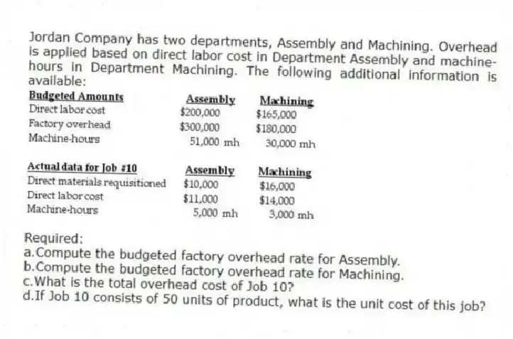 Jordan Company has two departments, Assembly and Machining. Overhead is applied based on direct labor cost in Department Assembly and machine-hours in Department Machining. The following additional information is available:
Required:
a.Compute the budgeted factory overhead rate for Assembly.
b.Compute the budgeted factory overhead rate for Machining.
c.What is the total overhead cost of Job 10?
d.If Job 10 consists of 50 units of product, what is the unit cost of this job?