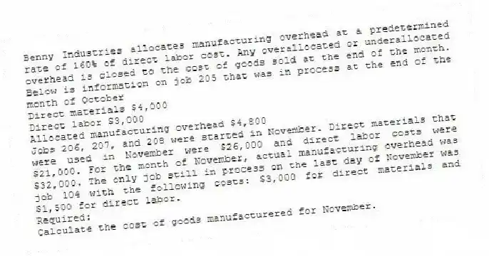 Benny Industries allocates manufacturing overhead at a predetermined rate of 160% of direct labor cost. Any overallocated or underallocated overhead is closed to the cost of goods sold at the end of the month. Below is information on job 205 that was in process at the end of the month of October
Direct materials $4,000
Direct labor $3,000
Allocated manufacturing overhead $4,800
Jobs 206, 207, and 208 were started in November. Direct materials that were used in November were $26,000 and direct labor costs were $21,000. For the month of November, actual manufacturing overhead was $32,000. The only job still in process on the last day of November was job 104 with the following costs: $3,000 for direct materials and $1,500 for direct labor.
Required:
Calculate the cost of goods manufacturered for November.