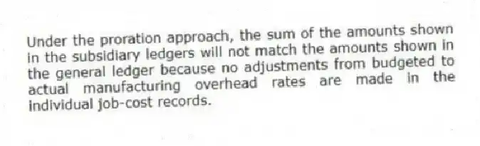 Under the proration approach, the sum of the amounts shown in the subsidiary ledgers will not match the amounts shown in the general ledger because no adjustments from budgeted to actual manufacturing overhead rates are made in the individual job-cost records.