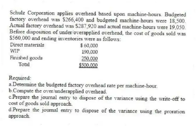 Schulz Corporation applies overhead based upon machine-hours. Budgeted factory overhead was $266,400 and budgeted machine-hours were 18,500. Actual factory overhead was $287,920 and actual machine-hours were 19,050. Before disposition of under/overapplied overhead, the cost of goods sold was $560,000 and ending inventories were as follows:
Required:
a.Determine the budgeted factory overhead rate per machine-hour.
b.Compute the over/underapplied overhead.
c.Prepare the journal entry to dispose of the variance using the write-off to cost of goods sold approach.
d.Prepare the journal entry to dispose of the variance using the proration approach.
