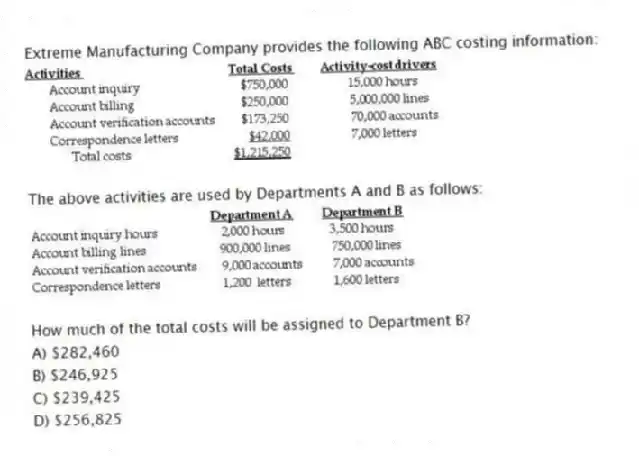 Extreme Manufacturing Company provides the following ABC costing information:
The above activities are used by Departments A and B as follows:
How much of the total costs will be assigned to Department B?
A) $282,460
B) $246,925
C) $239,425
D) $256,825