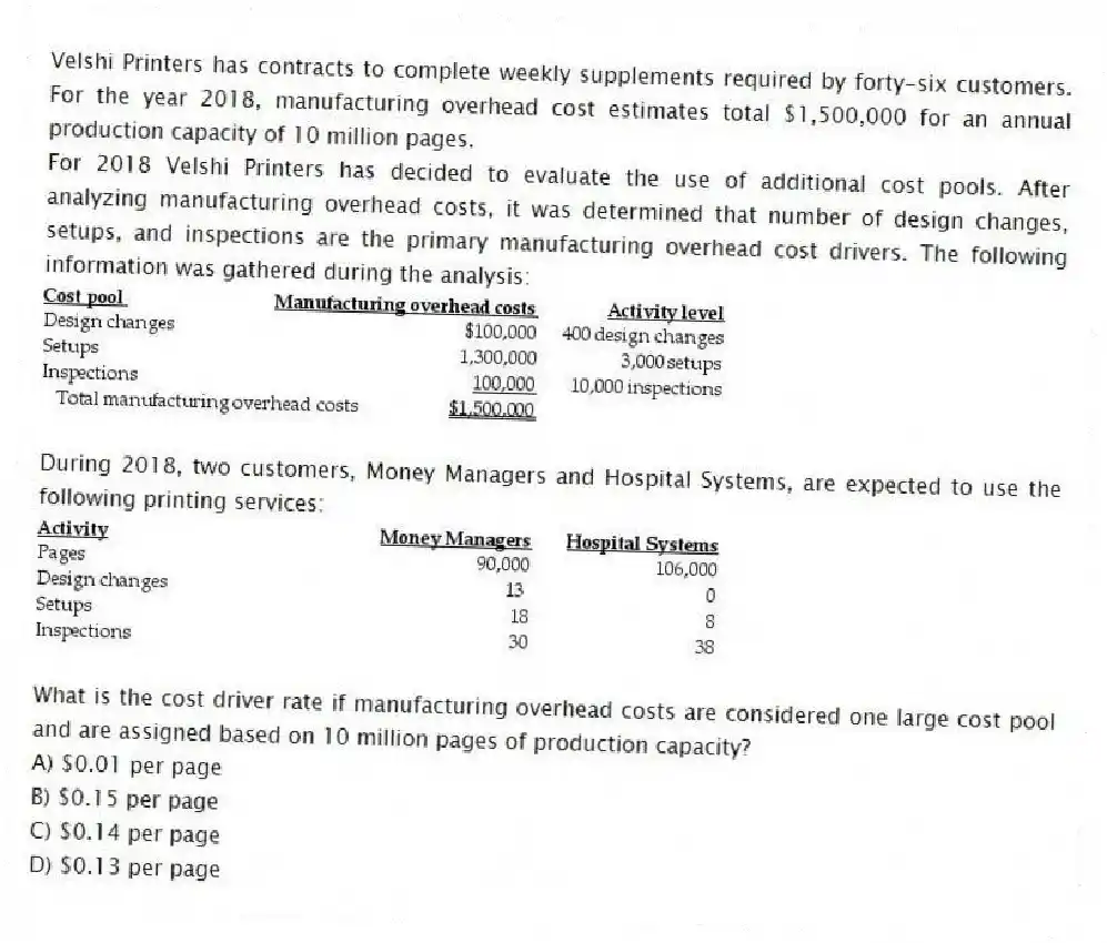 Velshi Printers has contracts to complete weekly supplements required by forty-six customers. For the year 2018, manufacturing overhead cost estimates total $1,500,000 for an annual production capacity of 10 million pages.
For 2018 Velshi Printers has decided to evaluate the use of additional cost pools. After analyzing manufacturing overhead costs, it was determined that number of design changes, setups, and inspections are the primary manufacturing overhead cost drivers. The following information was gathered during the analysis:
During 2018, two customers, Money Managers and Hospital Systems, are expected to use the following printing services:
What is the cost driver rate if manufacturing overhead costs are considered one large cost pool and are assigned based on 10 million pages of production capacity?
A) $0.01 per page
B) $0.15 per page
C) $0.14 per page
D) $0.13 per page