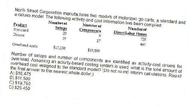 North Street Corporation manufactures two models of motorized go-carts, a standard and a deluxe model. The following activity and cost information has been compiled:
Number of setups and number of components are identified as activity-cost drivers for overhead. Assuming an activity-based costing system is used, what is the total amount of overhead cost assigned to the standard model? (Do not round interim calculations. Round the final answer to the nearest whole dollar.)
A) $18,475
B) $11,500
C) $19,750
D) $25,450