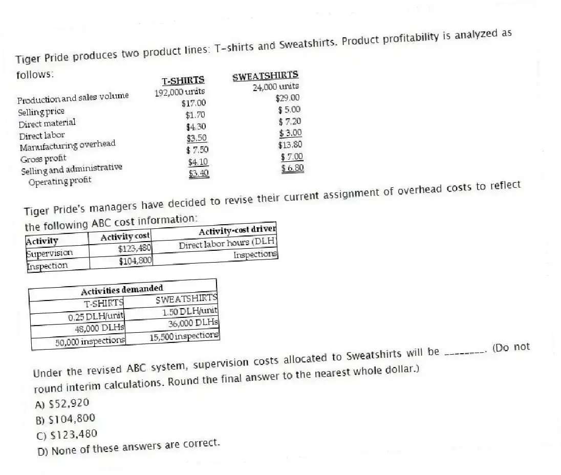 Tiger Pride produces two product lines: T-shirts and Sweatshirts. Product profitability is analyzed as follows:
Tiger Pride's managers have decided to revise their current assignment of overhead costs to reflect the following ABC cost information:
Under the revised ABC system, supervision costs allocated to Sweatshirts will be ________. (Do not round interim calculations. Round the final answer to the nearest whole dollar.)
A) $52,920
B) $104,800
C) $123,480
D) None of these answers are correct.