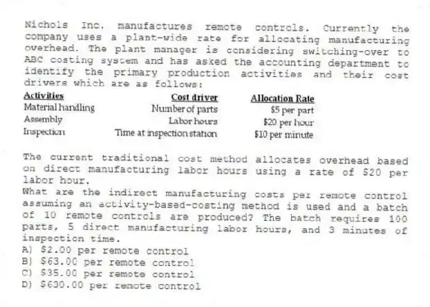 Nichols Inc. manufactures remote controls. Currently the company uses a plant-wide rate for allocating manufacturing overhead. The plant manager is considering switching-over to ABC costing system and has asked the accounting department to identify the primary production activities and their cost drivers which are as follows:
The current traditional cost method allocates overhead based on direct manufacturing labor hours using a rate of $20 per labor hour.
What are the indirect manufacturing costs per remote control assuming an activity-based-costing method is used and a batch of 10 remote controls are produced? The batch requires 100 parts, 5 direct manufacturing labor hours, and 3 minutes of inspection time.
A) $2.00 per remote control
B) $63.00 per remote control
C) $35.00 per remote control
D) $630.00 per remote control