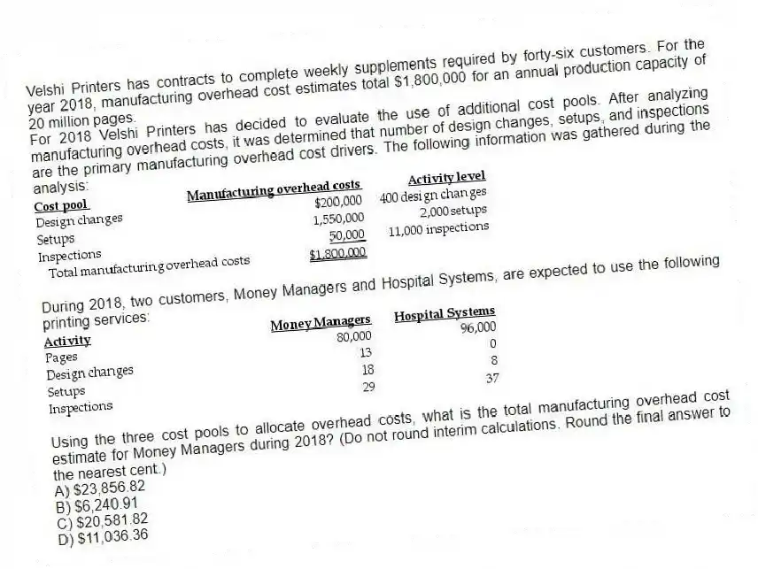 Velshi Printers has contracts to complete weekly supplements required by forty-six customers. For the year 2018, manufacturing overhead cost estimates total $1,800,000 for an annual production capacity of 20 million pages.
For 2018 Velshi Printers has decided to evaluate the use of additional cost pools. After analyzing manufacturing overhead costs, it was determined that number of design changes, setups, and inspections are the primary manufacturing overhead cost drivers. The following information was gathered during the analysis:
During 2018, two customers, Money Managers and Hospital Systems, are expected to use the following printing services:
Using the three cost pools to allocate overhead costs, what is the total manufacturing overhead cost estimate for Money Managers during 2018? (Do not round interim calculations. Round the final answer to the nearest cent.)
A) $23,856.82
B) $6,240.91
C) $20,581.82
D) $11,036.36