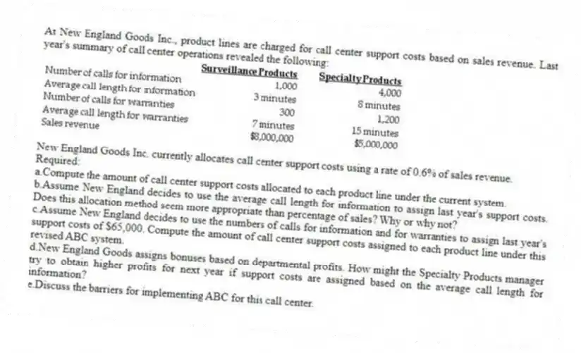 At New England Goods Inc., product lines are charged for call center support costs based on sales revenue. Last year's summary of call center operations revealed the following:
New England Goods Inc. currently allocates call center support costs using a rate of 0.6% of sales revenue.
Required:
a.Compute the amount of call center support costs allocated to each product line under the current system.
b.Assume New England decides to use the average call length for information to assign last year's support costs. Does this allocation method seem more appropriate than percentage of sales? Why or why not?
c.Assume New England decides to use the numbers of calls for information and for warranties to assign last year's support costs of $65,000. Compute the amount of call center support costs assigned to each product line under this revised ABC system.
d.New England Goods assigns bonuses based on departmental profits. How might the Specialty Products manager try to obtain higher profits for next year if support costs are assigned based on the average call length for information?
e.Discuss the barriers for implementing ABC for this call center.