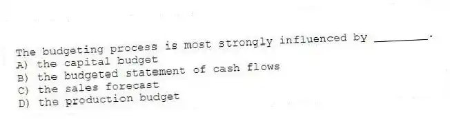 The budgeting process is most strongly influenced by ________.
A) the capital budget
B) the budgeted statement of cash flows
C) the sales forecast
D) the production budget