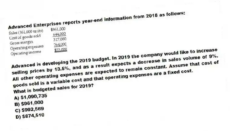 Advanced Enterprises reports year-end information from 2018 as follows:
Advanced is developing the 2019 budget. In 2019 the company would like to increase selling prices by 13.5%, and as a result expects a decrease in sales volume of 9%. All other operating expenses are expected to remain constant. Assume that cost of goods sold is a variable cost and that operating expenses are a fixed cost.
What is budgeted sales for 2019?
A) $1,090,735
B) $961,000
C) $992,569
D) $874,510