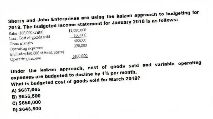 Sherry and John Enterprises are using the kaizen approach to budgeting for 2018. The budgeted income statement for January 2018 is as follows:
Under the kaizen approach, cost of goods sold and variable operating expenses are budgeted to decline by 1% per month.
What is budgeted cost of goods sold for March 2018?
A) $637,065
B) $656,500
C) $650,000
D) $643,500