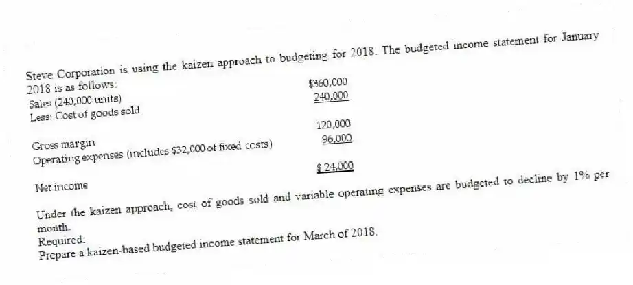 Steve Corporation is using the kaizen approach to budgeting for 2018. The budgeted income statement for January 2018 is as follows:
Under the kaizen approach, cost of goods sold and variable operating expenses are budgeted to decline by 1% per month.
Required:
Prepare a kaizen-based budgeted income statement for March of 2018.