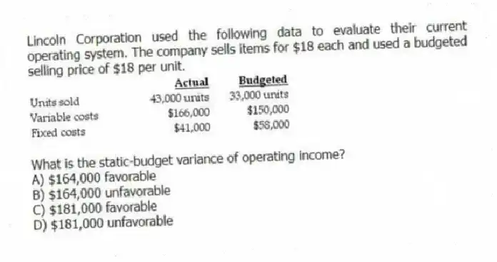 Lincoln Corporation used the following data to evaluate their current operating system. The company sells items for $18 each and used a budgeted selling price of $18 per unit.
What is the static-budget variance of operating income?
A) $164,000 favorable
B) $164,000 unfavorable
C) $181,000 favorable
D) $181,000 unfavorable