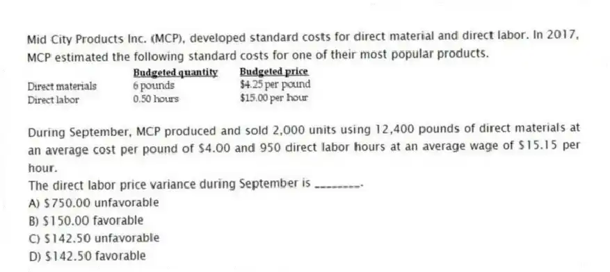 Mid City Products Inc. (MCP), developed standard costs for direct material and direct labor. In 2017, MCP estimated the following standard costs for one of their most popular products.
During September, MCP produced and sold 2,000 units using 12,400 pounds of direct materials at an average cost per pound of $4.00 and 950 direct labor hours at an average wage of $15.15 per hour.
The direct labor price variance during September is ________.
A) $750.00 unfavorable
B) $150.00 favorable
C) $142.50 unfavorable
D) $142.50 favorable